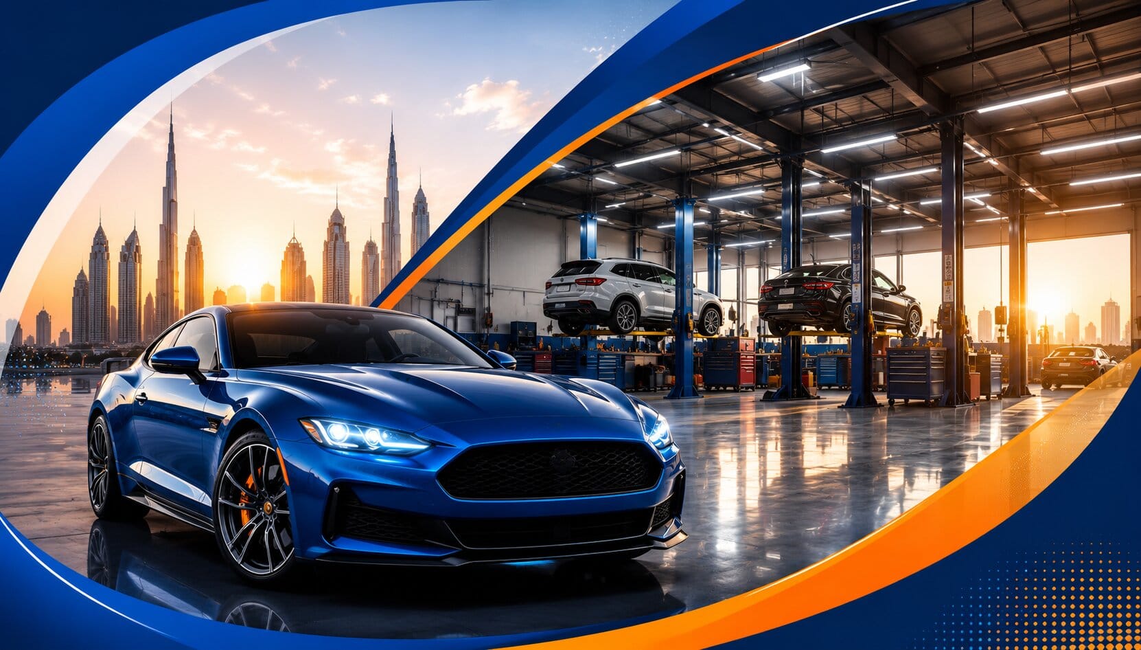 Find trusted garages across the UAE — luxury car and premium workshop with Dubai skyline